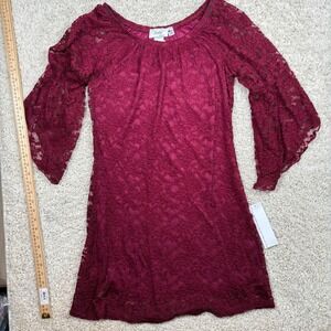 Jody California Burgundy Lace Bell Sleeve Mini Dress 12088-01 Wine Red NWT